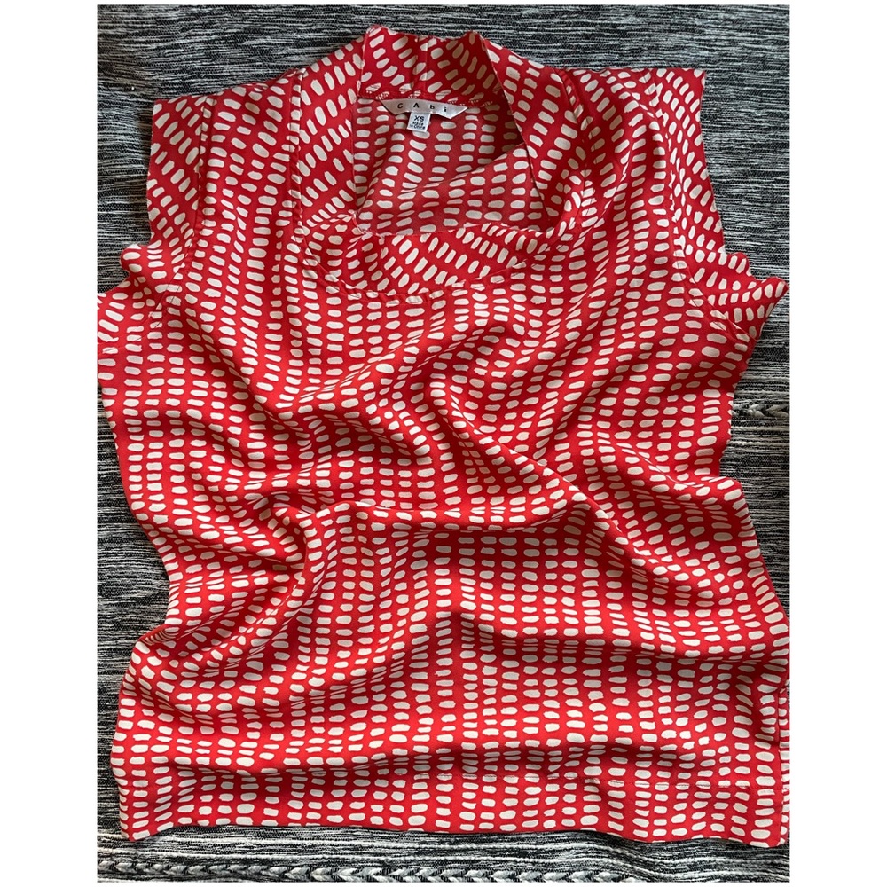 Cabi Womens Blouse Flutter Sleeve Red/Orange And Cream Dotted